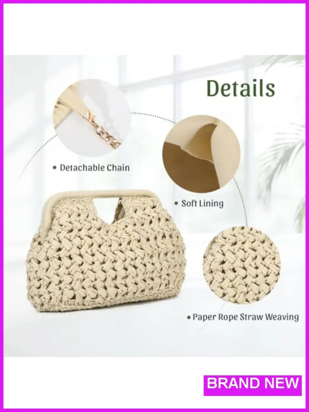 Straw Dumpling Clutch Bag, Woven Summer Beach Handbag, Crossbody Chain,